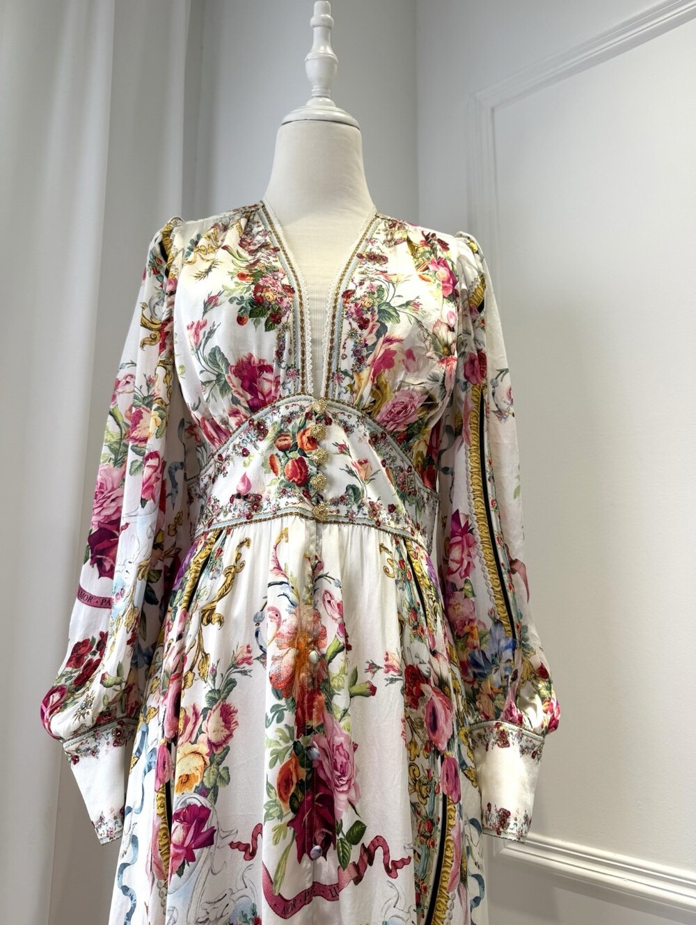 Camilla Shaped Waistband Dress With Gathered Sleeves In Torero Libertine - Picture 8 of 15